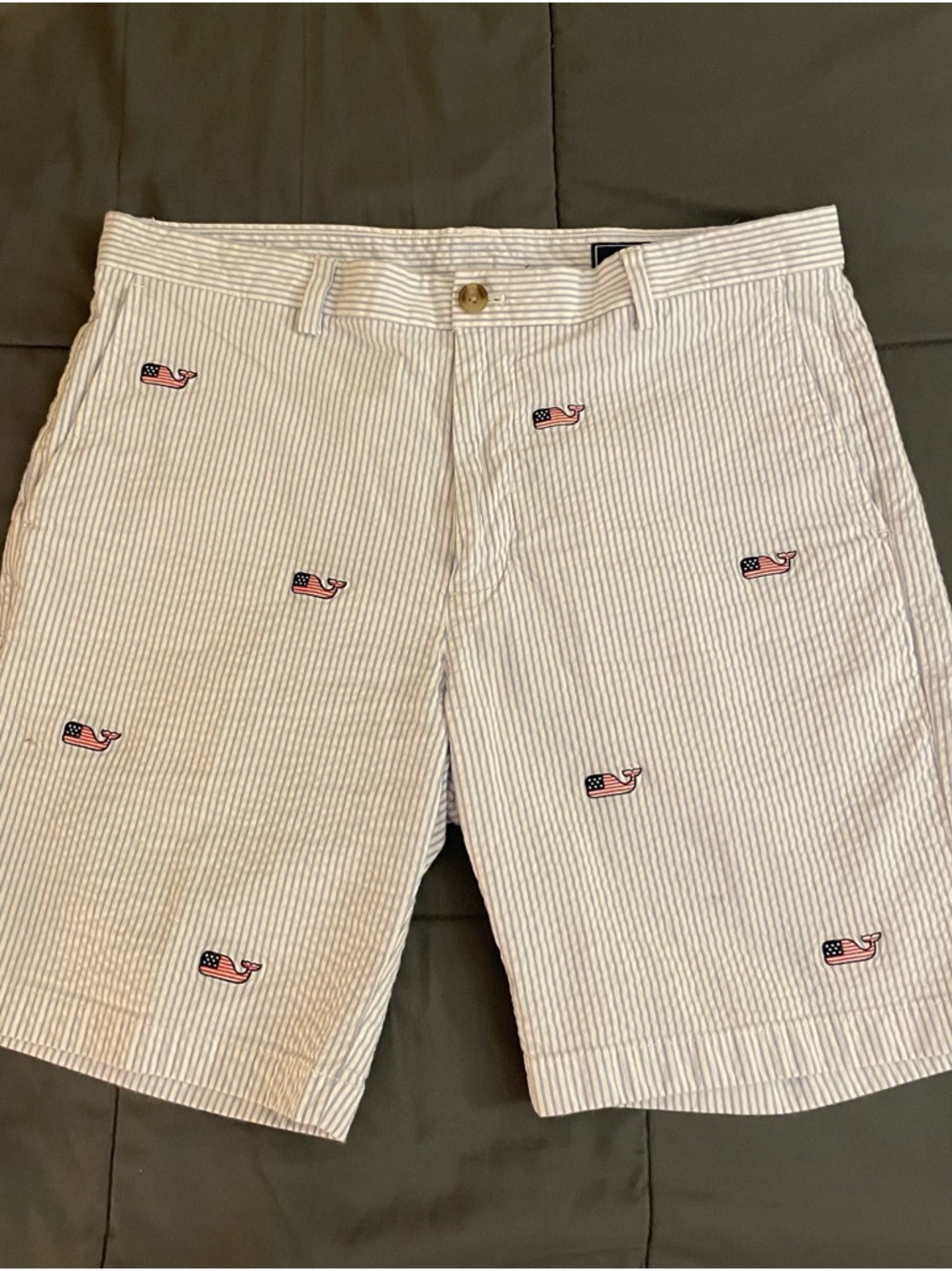 Vineyard Vines Seersucker Breaker Shorts with American Flag Whales
